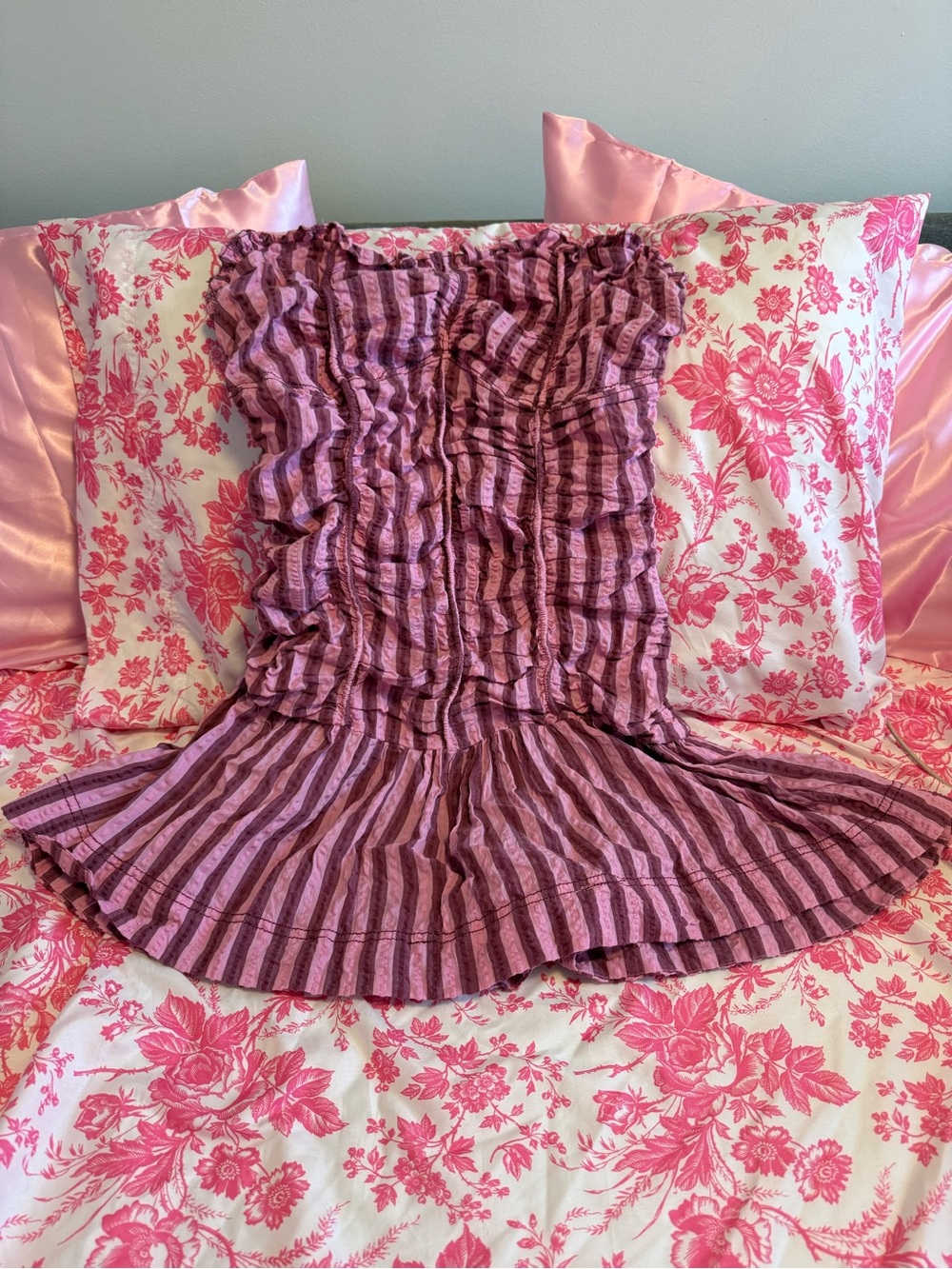 Free People Pink and Plum Striped Ruffled Mini Dress
